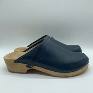 Kerstin Adolphson Handmade Women 10 Navy Blue Clogs Wooden Leather Made Sweden